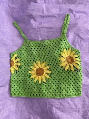 F21 Green Crochet Sunflower Crop Top